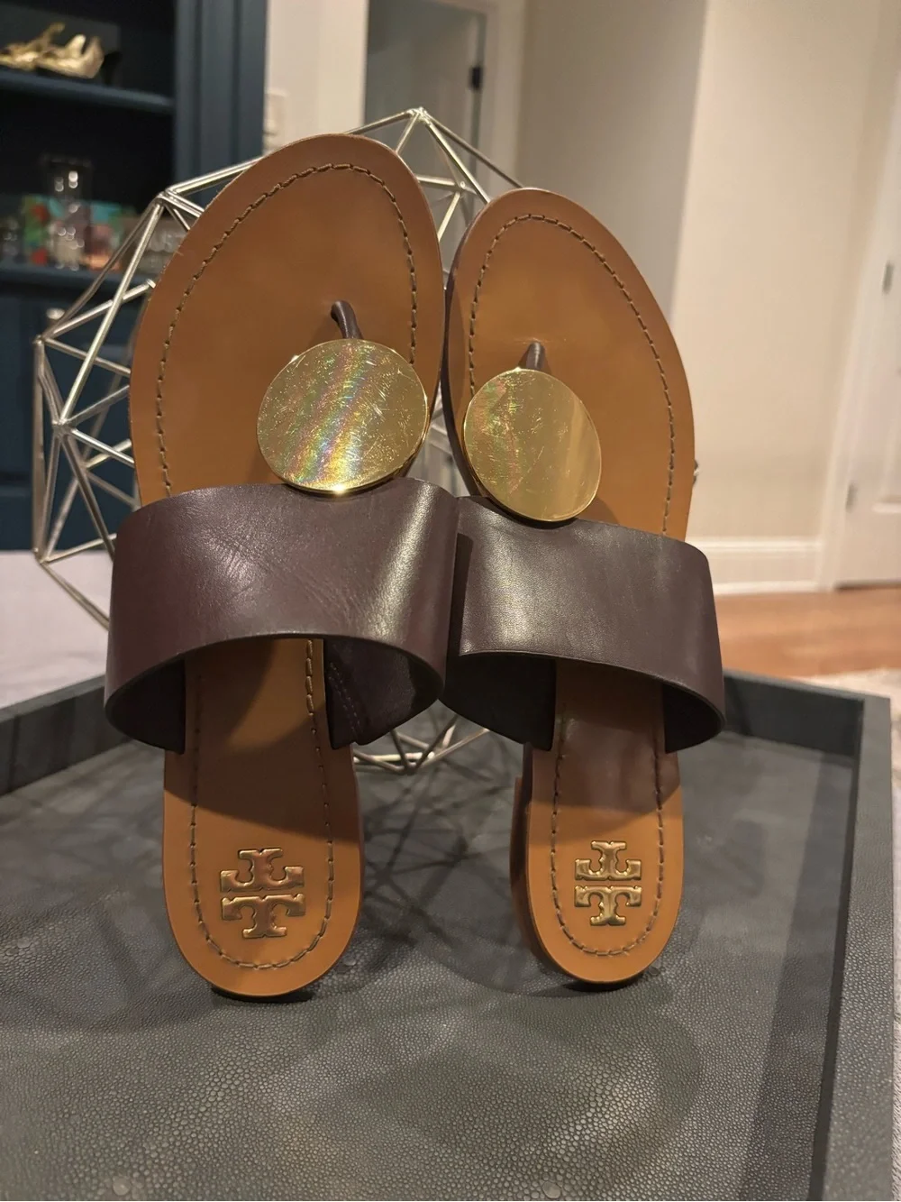 Tory Burch Dark Brown Leather Slide Sandals with Gold Medallion